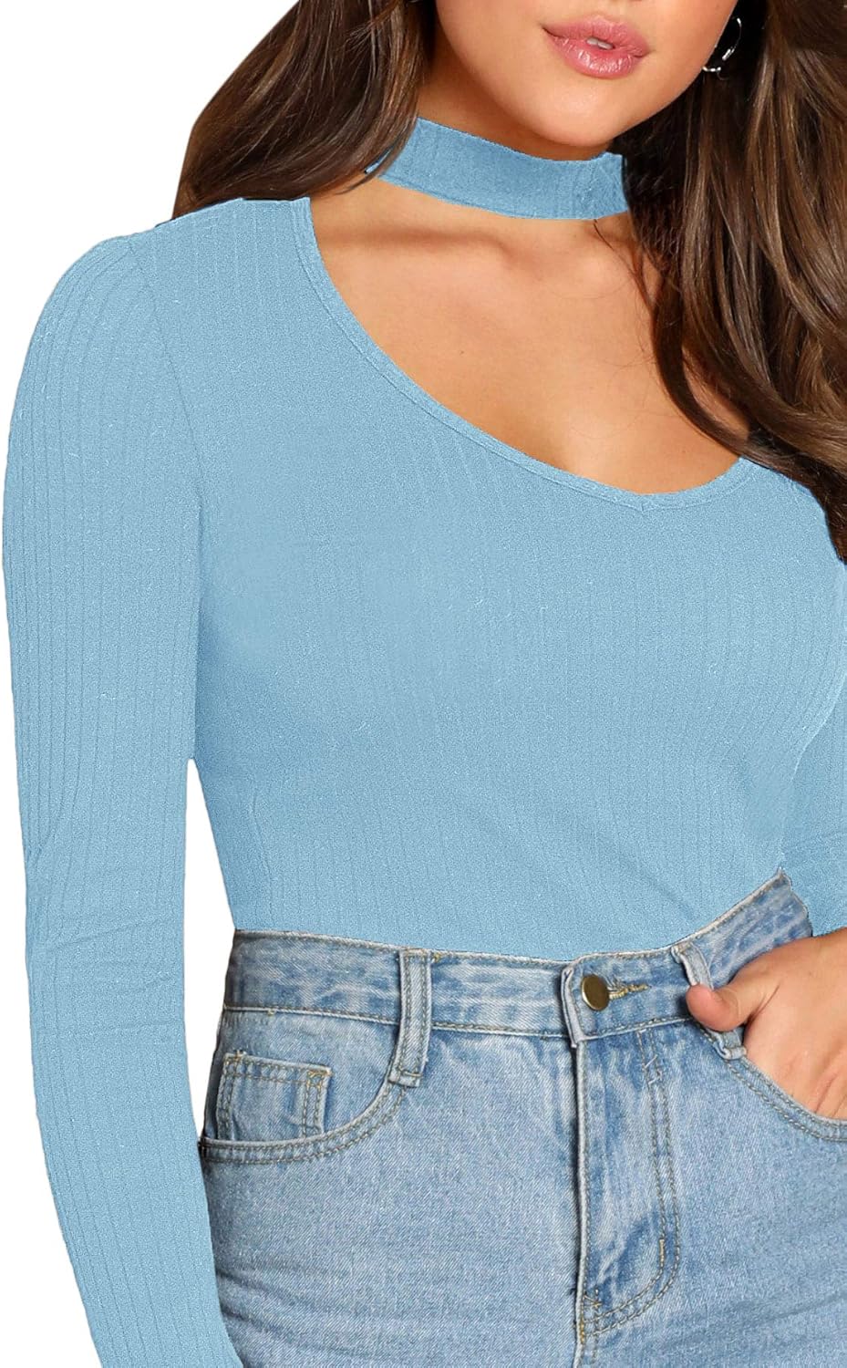 Floerns Women's Choker Neck Cutout Keyhole Sexy Long Sleeve